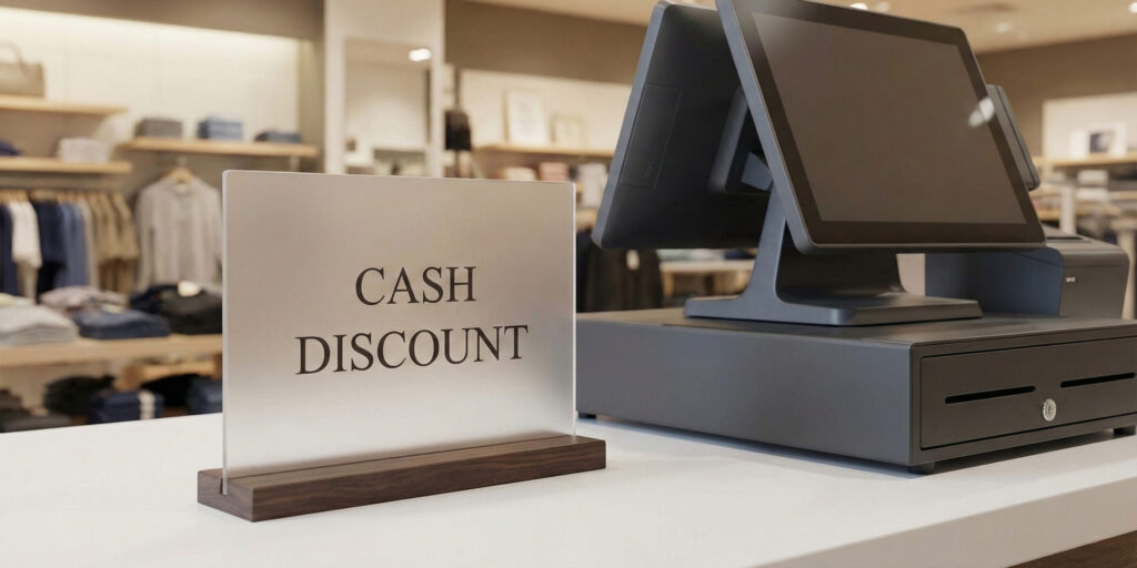 A close-up view of a "CASH DISCOUNT" sign made of wood and frosted glass, placed on a white counter next to a modern point-of-sale system with a cash drawer and two screens, inside a clothing store.