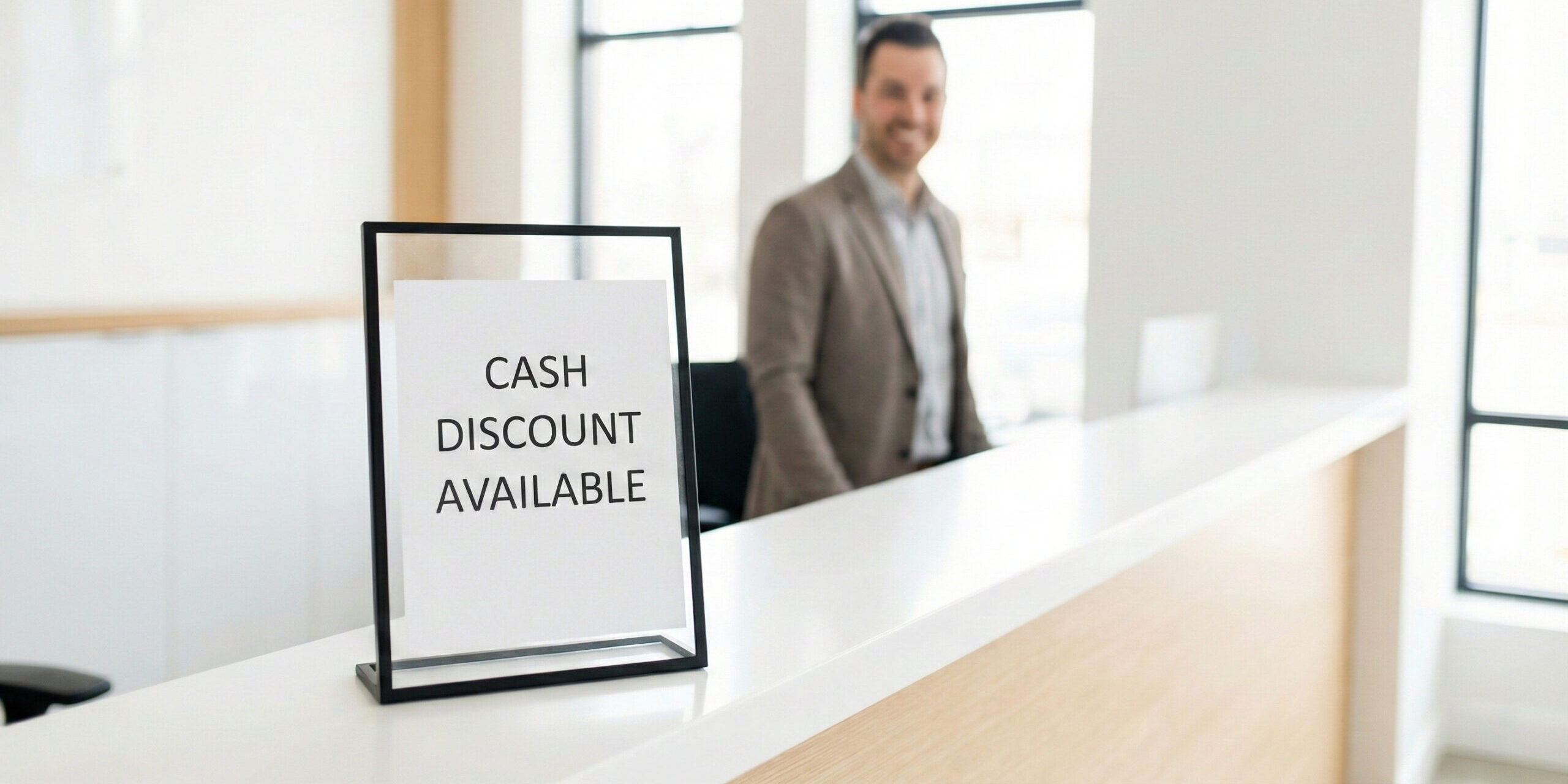 Professional cash discount counter signage at a modern checkout.