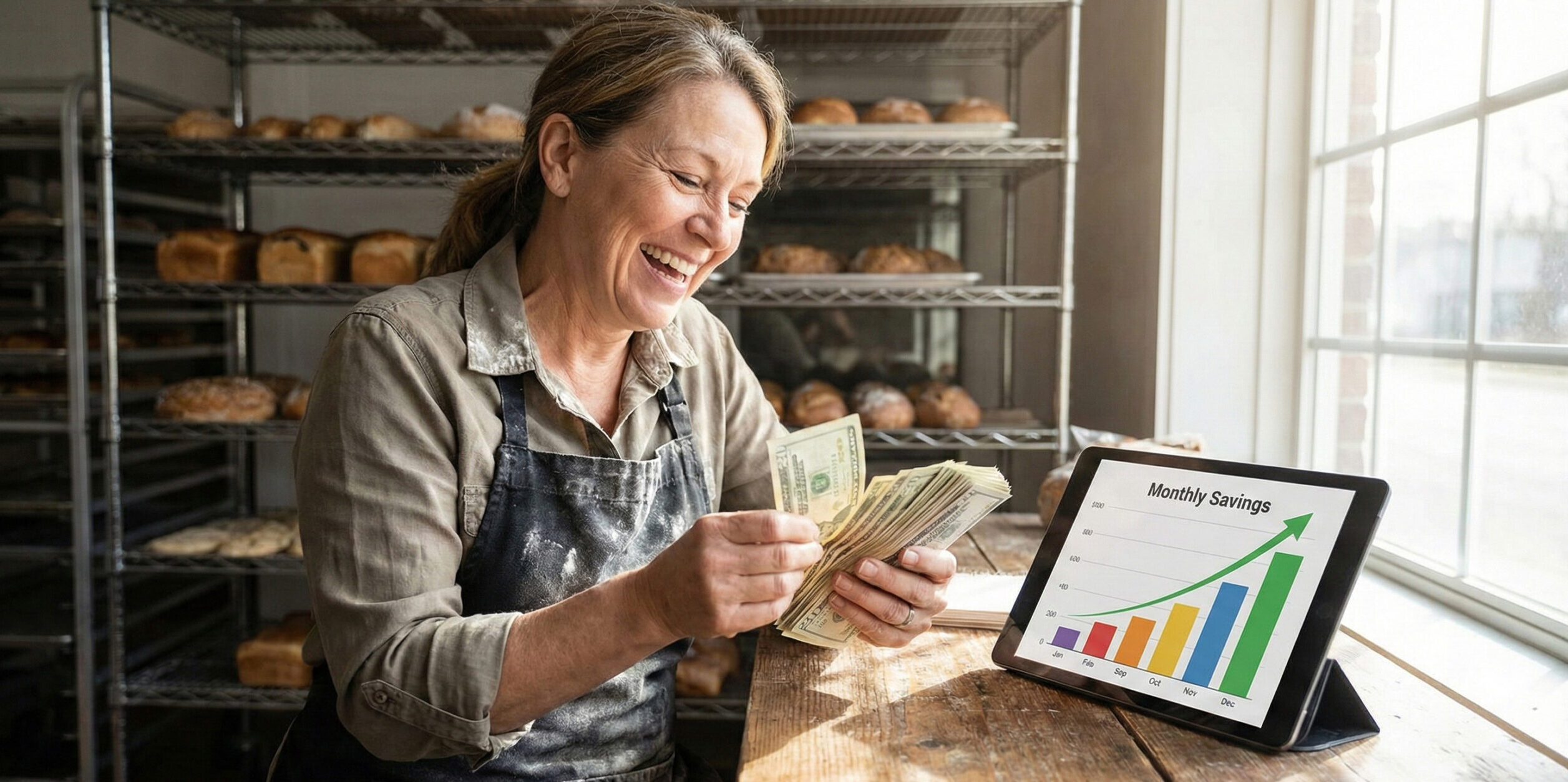 A smiling female baker in an apron sits at a wooden table in a bakery, counting a stack of US dollar bills, with a tablet next to her displaying a bar graph titled "Monthly Savings" showing an upward trend.