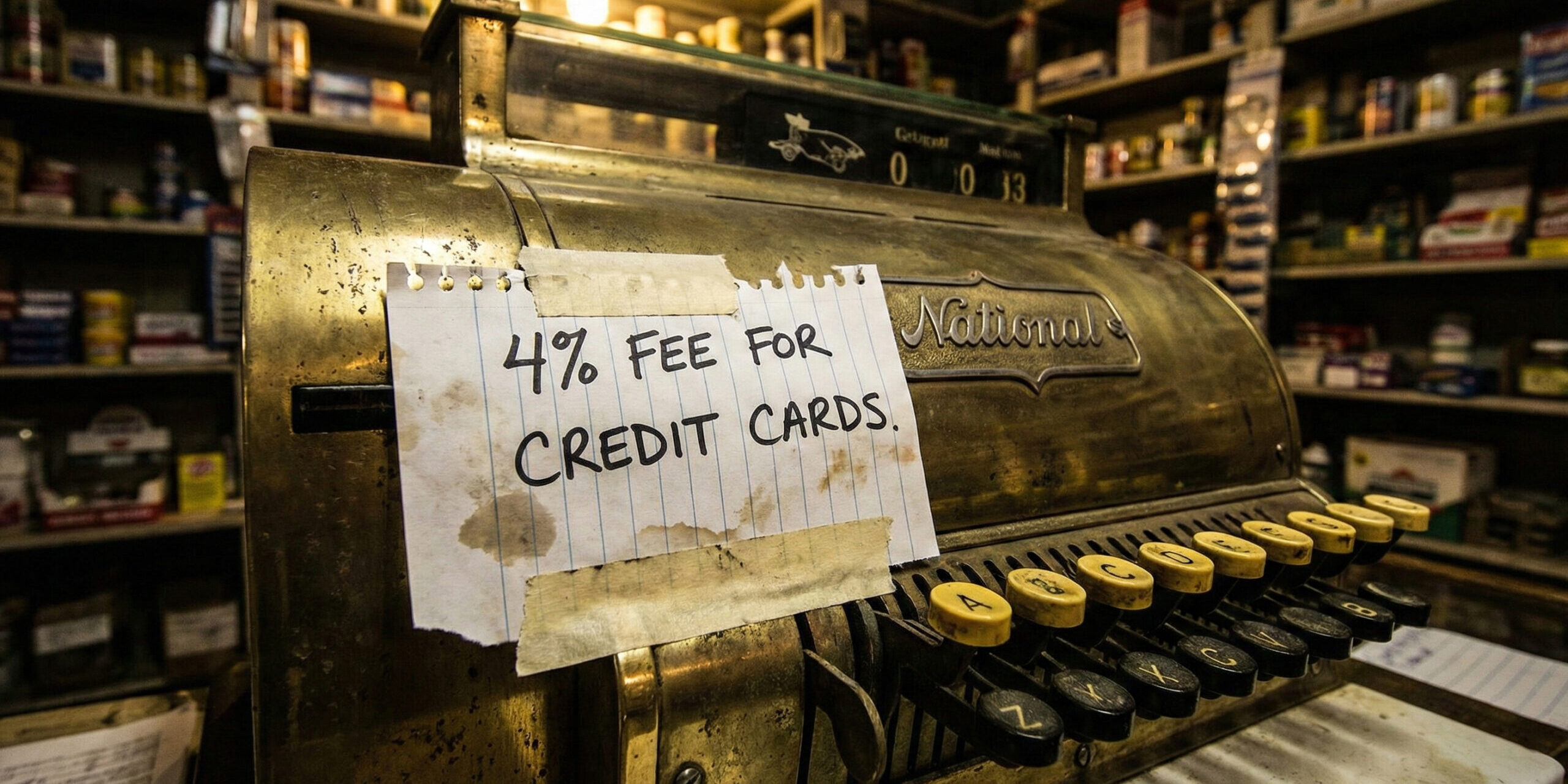 Handwritten credit card fee note taped to a register, illustrating non-compliant surcharging.