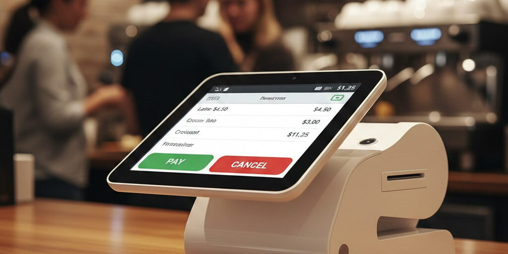 A white, modern point-of-sale terminal with a touchscreen displaying a transaction, sitting on a wooden counter in a bustling coffee shop with a blurred background of customers and an espresso machine.