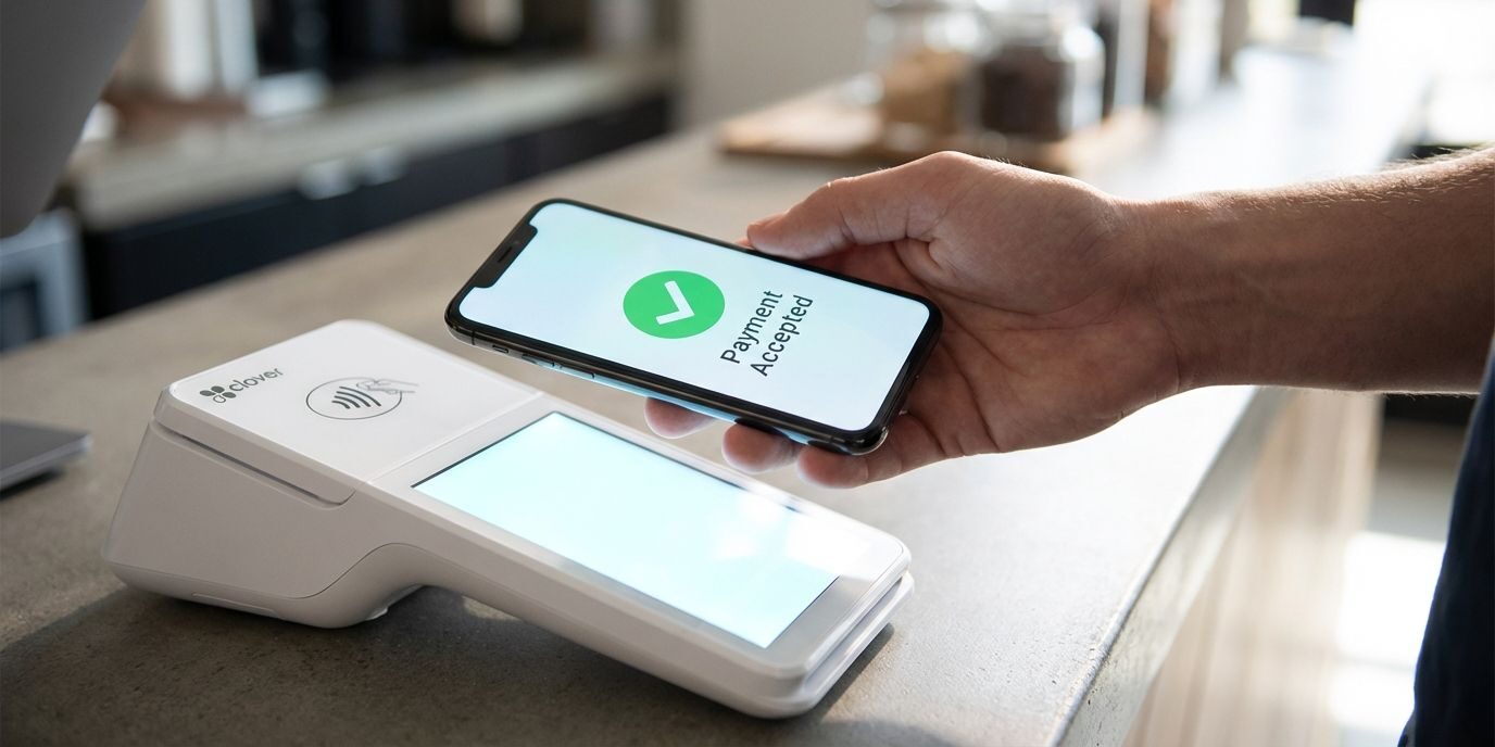 Close-up of a smartphone completing an instant contactless payment on a Clover POS terminal showing a green success checkmark.