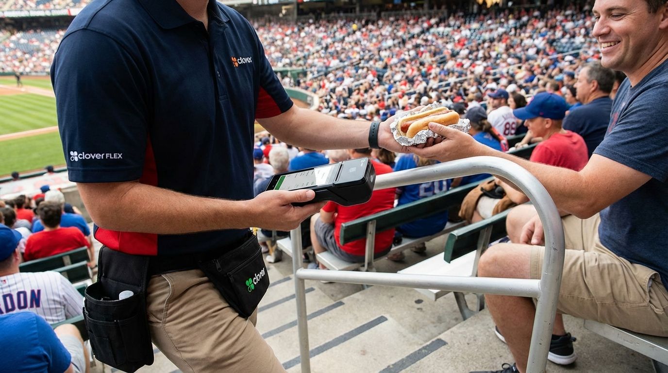 Stadium vendor using a handheld Clover Flex device to process orders directly in the seating section.