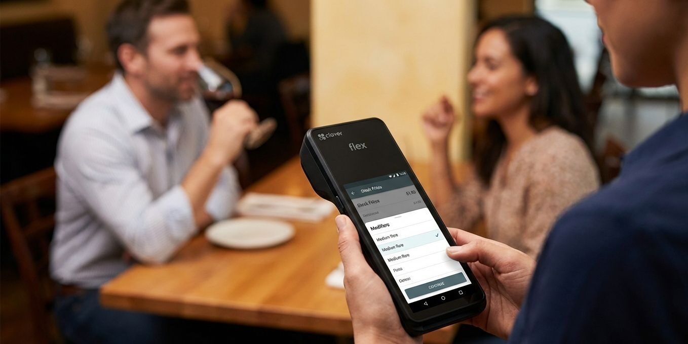 "Close-up of a server entering a steak order with modifiers on a Clover Flex device to demonstrate accurate tableside ordering.