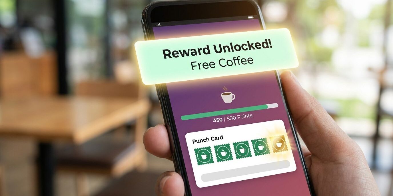 Close-up of a smartphone displaying a 'Reward Unlocked' notification on a digital punch card app, illustrating automated customer rewards.