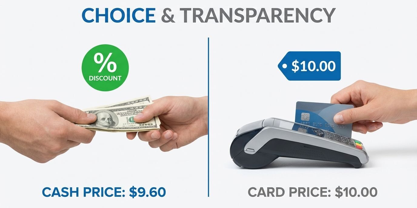 Dual pricing comparison showing cash discount vs card payment.