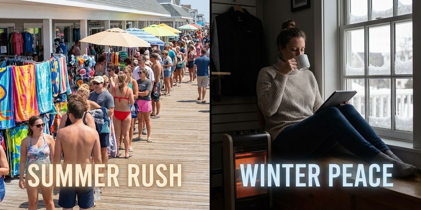 Split-screen comparison of a busy summer boardwalk shop and a quiet winter scene with a relaxed business owner managing cash flow on a tablet.
