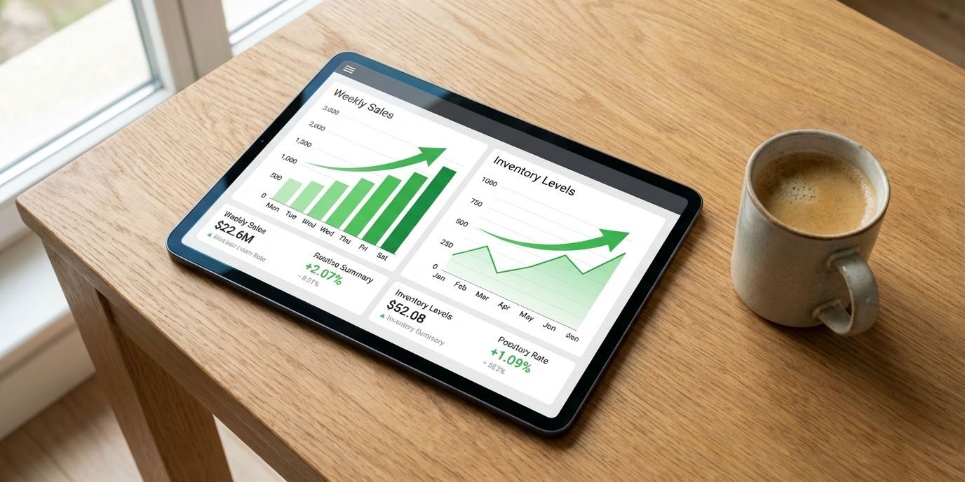 Manager's tablet sitting on a desk displaying real-time inventory tracking and weekly sales reports on a colorful dashboard.