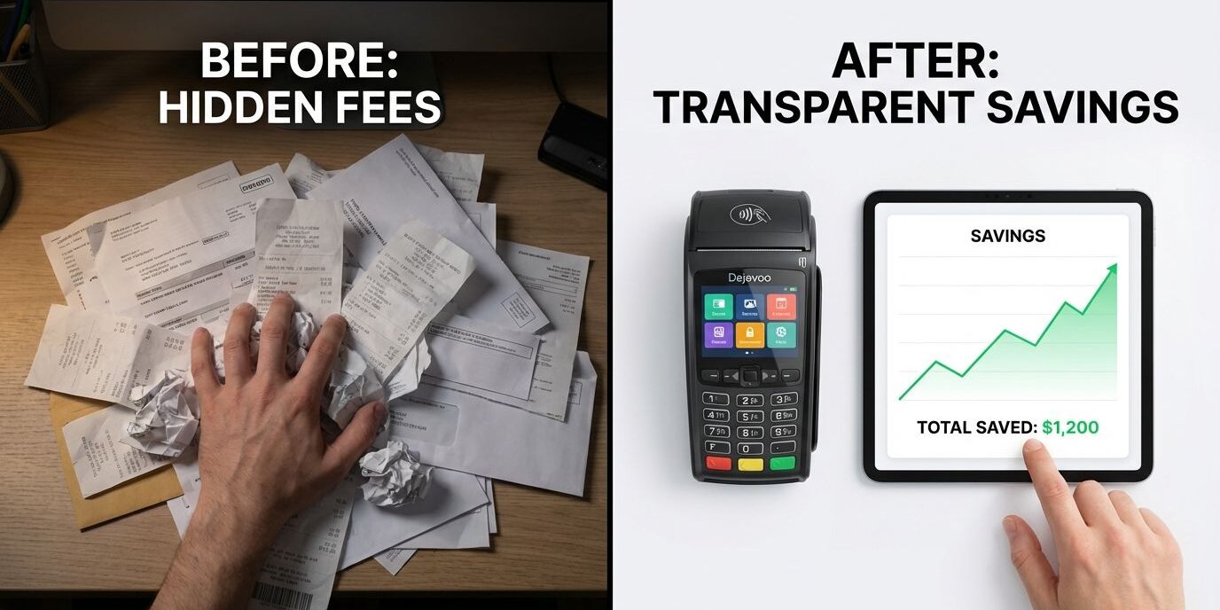 Split screen comparison showing messy paper bills versus transparent savings on a Dejavoo payment terminal.